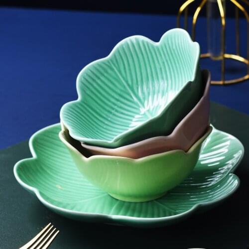 Creative leaf-shaped tableware Home ceramic breakfast plate fruit salad dish net red soup deep