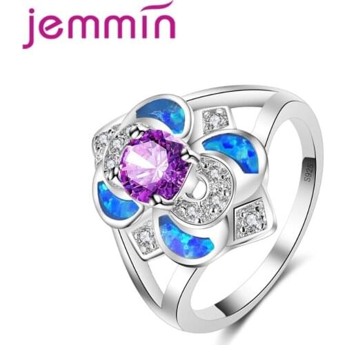 Fashion Stylish Flower Ring Women Popular Fire Opal Jewelry Ring Blue and Purple Crystal 925 Sterling Silver Jewelry