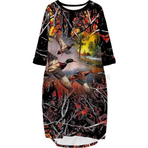 New Fashion Hunting 3D Print Long Duck Pocket Loose Casual Robe Summer Dress Traf For Women V9