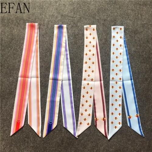 New Animal Pearl Bee Print Silk Scarf Women Fashion Handle Band Ribbons Lady Head Scarfs Small Long Skinny Scarves Tie Bags