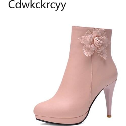 Winter The New fashion Round head Thick heel 10CM Martin boots Pink sweet Flower Plus velvet Keep warm High heel Women boots