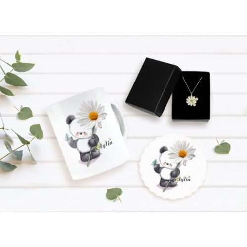 Personalized Daisy Themed Mug Coaster and Double Is Daisy Necklace Seti-9