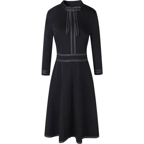 New Spring Women Dress Long Sleeve Solid Black Chic Lady Dress Working Clothes Bow-neck A-line vestio