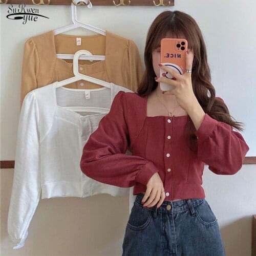Casual Retro Square Collar Single-breasted Womens Blouse Solid Color Long-sleeved Shirt New Korean Slim Ropa De Mujer 12747