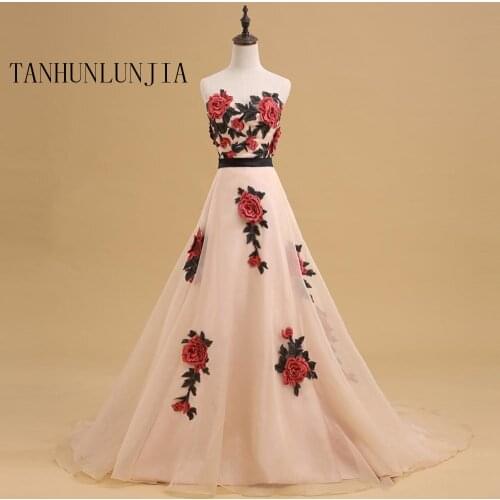 Sheer Lace 3D Flowers Applique Wedding Dresses Strapless Tulle champagne Beach Boho Bridal Gowns with Crystals