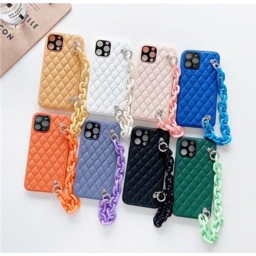 Luxury Fashion Colorful Hand Chain Grid Lambskin Leather Handbag Phone Case Cover For Iphone 12 11 Pro XS Max XR X 8 7 Plus SE