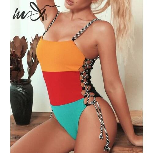 In-X Lace up one piece swimsuit female Sexy patchwork swimwear women Monokini String vintage bodysuit Bathing suit beachwear new