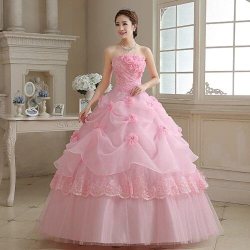 Wedding Dress Pink Appliques Sleeveless Strapless Ruched Tiered Floor-Length Lace Up New Plus Size Wedding Gowns For Women G114