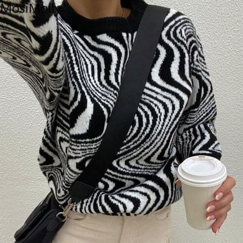 MosiMolly 2021 Zebra Print Sweater Jumper Pullovers Women o Neck Long Sleeve Knitting Sweater Loungewear
