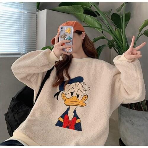 Korean Version Of Ins Autumn And Winter Lamb Velvet Loose Sweater Fake Two Cartoon Duckling Girls Round Neck Pullover Coat