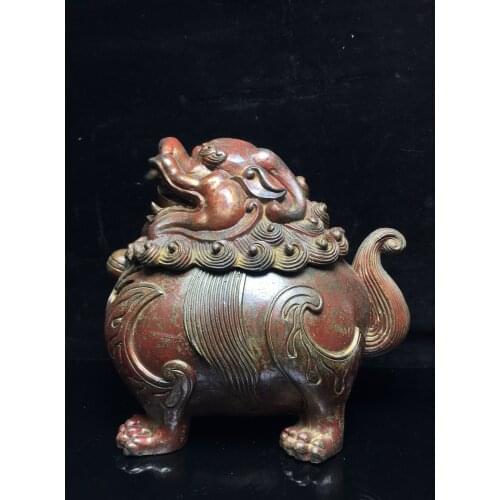 Tibet Buddhism Old Bronze Cinnabar brave troops Incense burner Lion statue unicorn incense burner Town House Exorcism