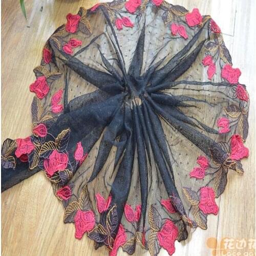 3 Meters 19cm Width Advanced Fabric Red Pink Embroide Quality Lace Fabrics Embroidered Floral Lace Trim Mesh