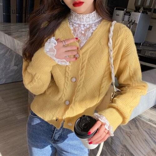 JulyPalette Korean V-neck Women Cardigan Sweater Casual Solid 2021 Autumn Short Female Cardigan Single-breasted Ladies Sweater