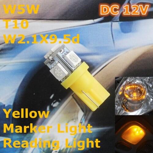 12V LED Yellow Color Car Bulb Lamp T10(5*5050 SMD)W5W W2.1X9.5d for Signal Top Reading Width Light