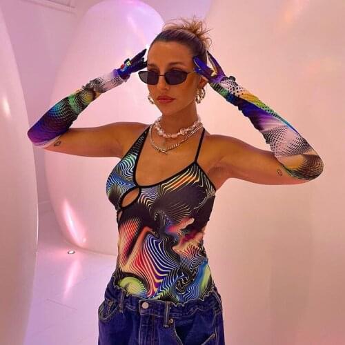 Summer Sexy Chic Hollow Out Print Bodysuit For Women Backless Gloves Sleeve Women Top Slim Bodysuit Club Party Clothes