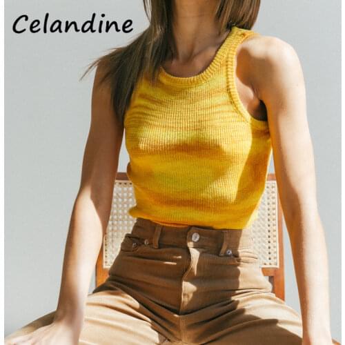 Celandine Fashion 2021 Sexy Casual Knitted Y2K Women Summer Sweat Crop Tops Tie Dye Tank Tops Basic O Neck T Shirt Vintage