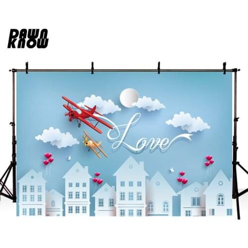 DAWNKNOW Photography Background Cartoon Building Plane Valentine’s Day Photographic Backdrops Couples love Photocall lv1215