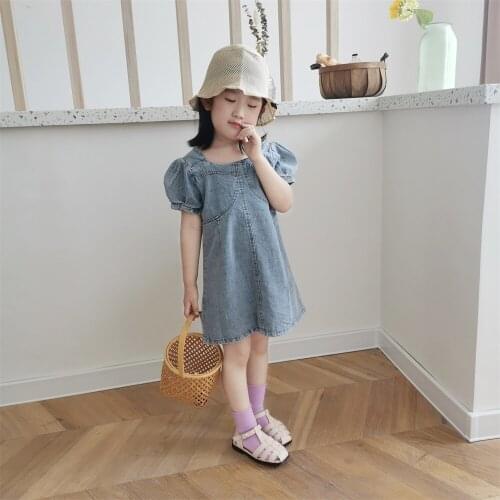 KEAIYOUHUO Baby Girls Denim Dress U-Neck Bubble Sleeve Denim Skirt 2021 Spring And Summer New Children Girls Wear 2-8 Years Old