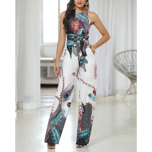 2020 peacock feather print suspender jumpsuit