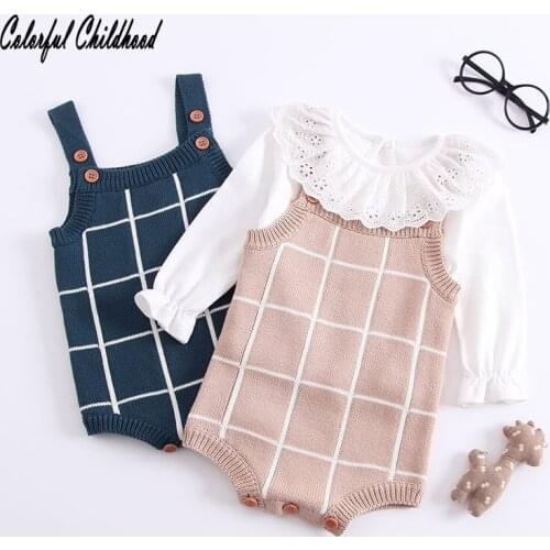 Vintage plaid design khaki/emerald knitted romper baby boy/girls sleeveless jumpsuit infant kids overalls children clothes 0-24m