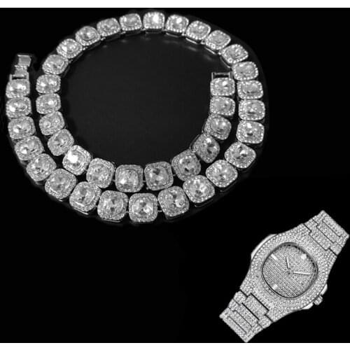 2pcs Kit 12.5MM Prong Micro Zircon Alloy Pave Cubic Bling Hip Hop Tennis Chain Necklace +Watch+Bracelet For Women Jewelry