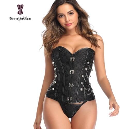 Steampunk Corset Bustier Gothic Clothing Vintage Satin Steel Boned with Chains Overbust Top For Women With Leather G String