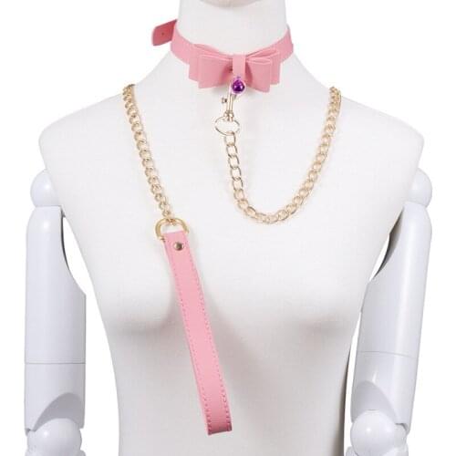 Leather Plush Neck Sex Collar with Chain Leash Sexy Restraint Fetish Slave BDSM Bondage Accessories Set Adult Sex Toy for Couple