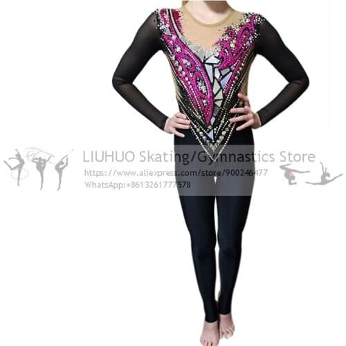 LIUHUO Figure Skating Catsuits Womens Girls Ice Skating Rhythmic Gymnastics Competition Dance Jumpsuits Teens Artistic Costumes