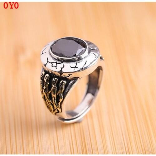 Real S925 pure silver jewelry natural black agate individual vintage Thai silver mens ring
