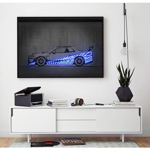 Nissan Skyline R34 Abstract Canvas Paintings,Neon Wall Pictures,Street Posters,Graffiti,Fast and Furious Home Decor,Gift For Him