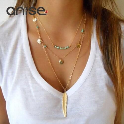 Anise Fashion Round Sequins Leaves Long Necklace Feather Pendants Necklaces Boho Multilayer Beaded Choker Chain for Women Bijoux