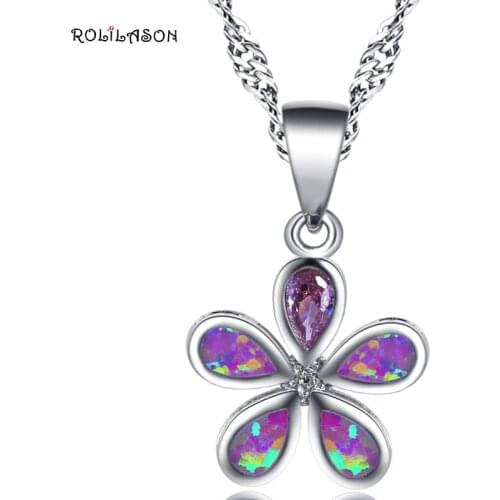 ROLILASON Royal beautiful flowers for Women Pink Fire Opal Pink Zircon Silver Pendant Necklaces Fashion Jewelry OP795