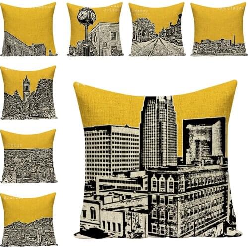 City Printed Cushion Covers Cotton Linen World-Famous Decorative Pillow Case Art Car Seat sofa Decorative Cushions Home Decor