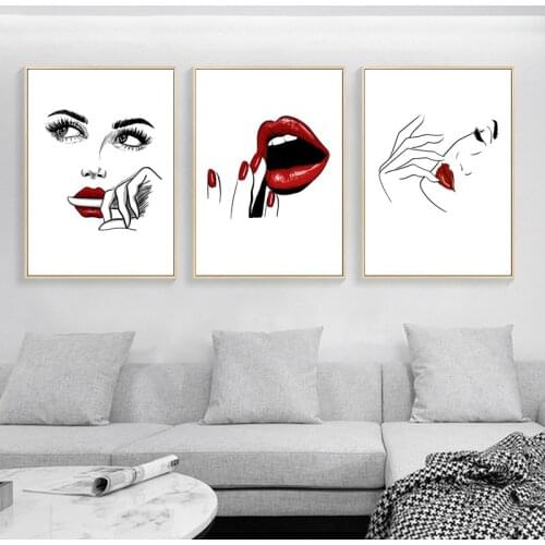 Sexy Fashion Lady Figure Poster Home Decor Nordic Canvas Painting Line Red Lips Abstract Print Wall Art Picture for Room Design