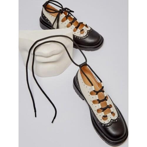 Ankle Strap Lace-up Single Shoes Female Genuine Leather Cross-lace College Style Flats Shoes Carved Hollow Brogue Shoes Loafers