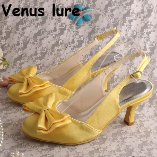 Closed Toe Yellow Sandals for Wedding Mid Heel Sandal Shoes with Bow-Knot