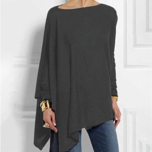 Women Casual Simple T-Shirts Round Collar Long Sleeve Tops Irregular Solid Color LadyT Shirt