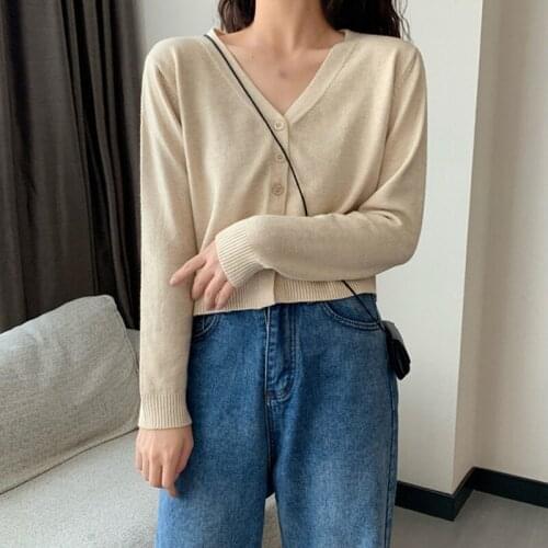 Autumn New Sweater Outwear Fashion Wild Solid Color Knit Cardigan Womens V-neck Long Sleeve Thin Jacket
