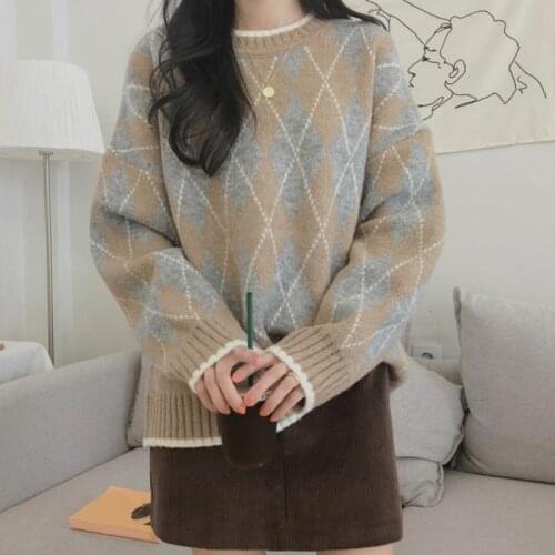 Women Diamond Pattern Knitted Sweater Jumper O Neck Long Sleeve Elegant Oversize Womems Pullovers Sweaters Autumn Tops Female