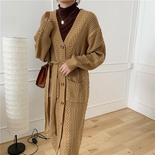 New Women Autumn Winter V Neck Twist Long Sweater Coat Jacket Knitted Cardigan Overcoat Waistbelt Single Breasted Full Sleeve