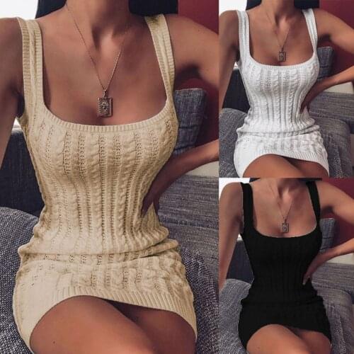 2020 Women Dress Bodycon Knit Sleeveless Slim Solid Color Elegant Ladies Mini Evening Party Gown Sheath Warm Sundress