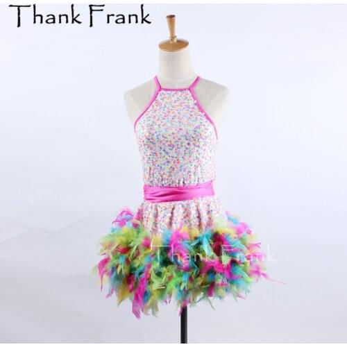 Colorful Chicken Feather Latin Dress Women Girls Professional Competition Dance Dress Latin Costume Carnival Adult Costumes C536