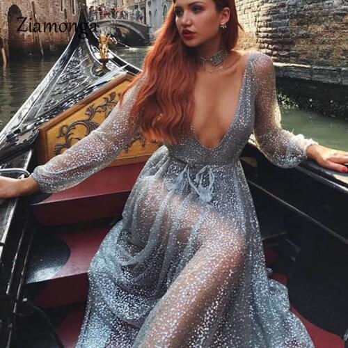 Ziamonga Women Clothes New 2020 Summer Beach Dress Elegant Gold Silver Sequined Mesh Long Dress See Through Boho Maxi Dresses