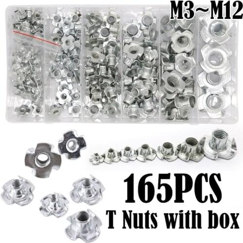 165PC Zinc Plated Carbon Steel T Nut Four-Pronged Tee Nuts for Woodworking Furniture metic nut and bolt assortment nut and bolt