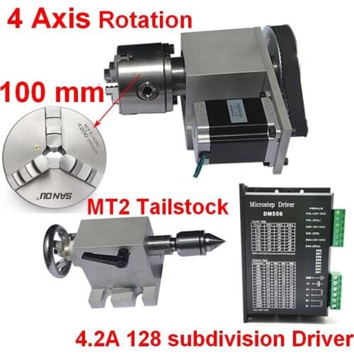 4 Axis Rotation A Axis Rotary 100mm Chuck& Driver & Nema23 Stepper Motor& Tailstock Kits for Wood Metal Plastic CNC Router