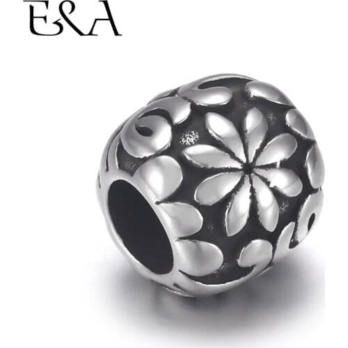 4pcs Stainless Steel Bead Charms Floral 5mm Hole for Leather Jewelry Bracelet Making Metal European Beads DIY Supplies Parts