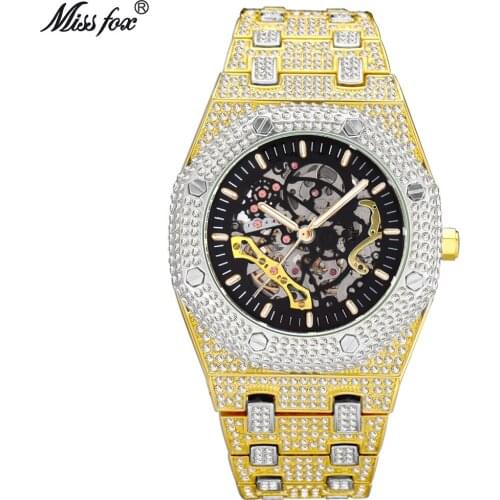 Men Watches Luxury Diamond Skeleton Mechanical Automatic Gold Watch Men Waterproof Business Wristwatch Out Male Watches Clock