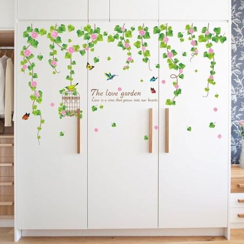 [shijuekongjian] Flowers Birdcage Wall Sticker DIY Plants Wall Decor Decals for Living Room Bedroom Kitchen Home Decoration