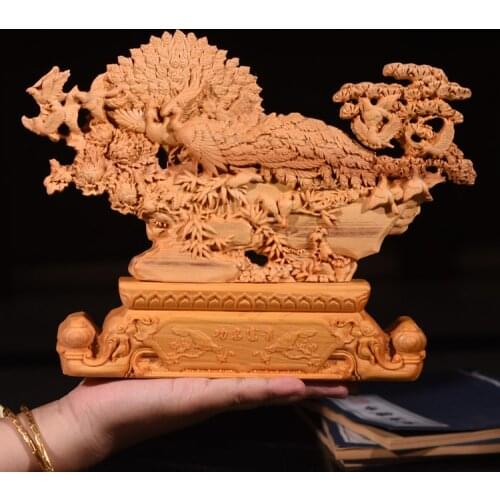 Phoenix peacock Figurines Wood Carving Decoration Two-sided Carving Hollow Home Office Decoration Gift