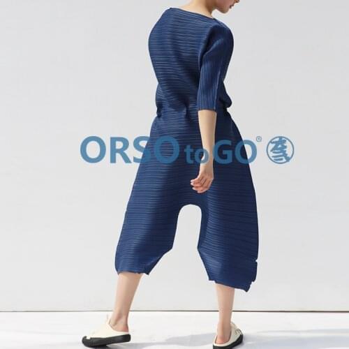 HOT SELLING Miyake fashion fold v-neck solid Cropped trousers jumpsuit IN STOCK